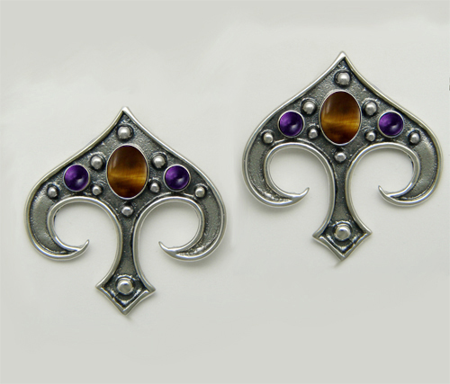 Sterling Silver Gothic Inspired Drop Dangle Earrings With Tiger Eye And Amethyst